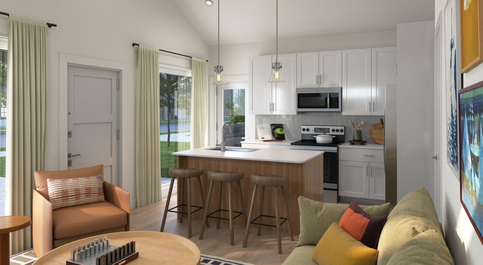 Beautiful kitchens with designer finishes a living room and a kitchen with a table and chairs