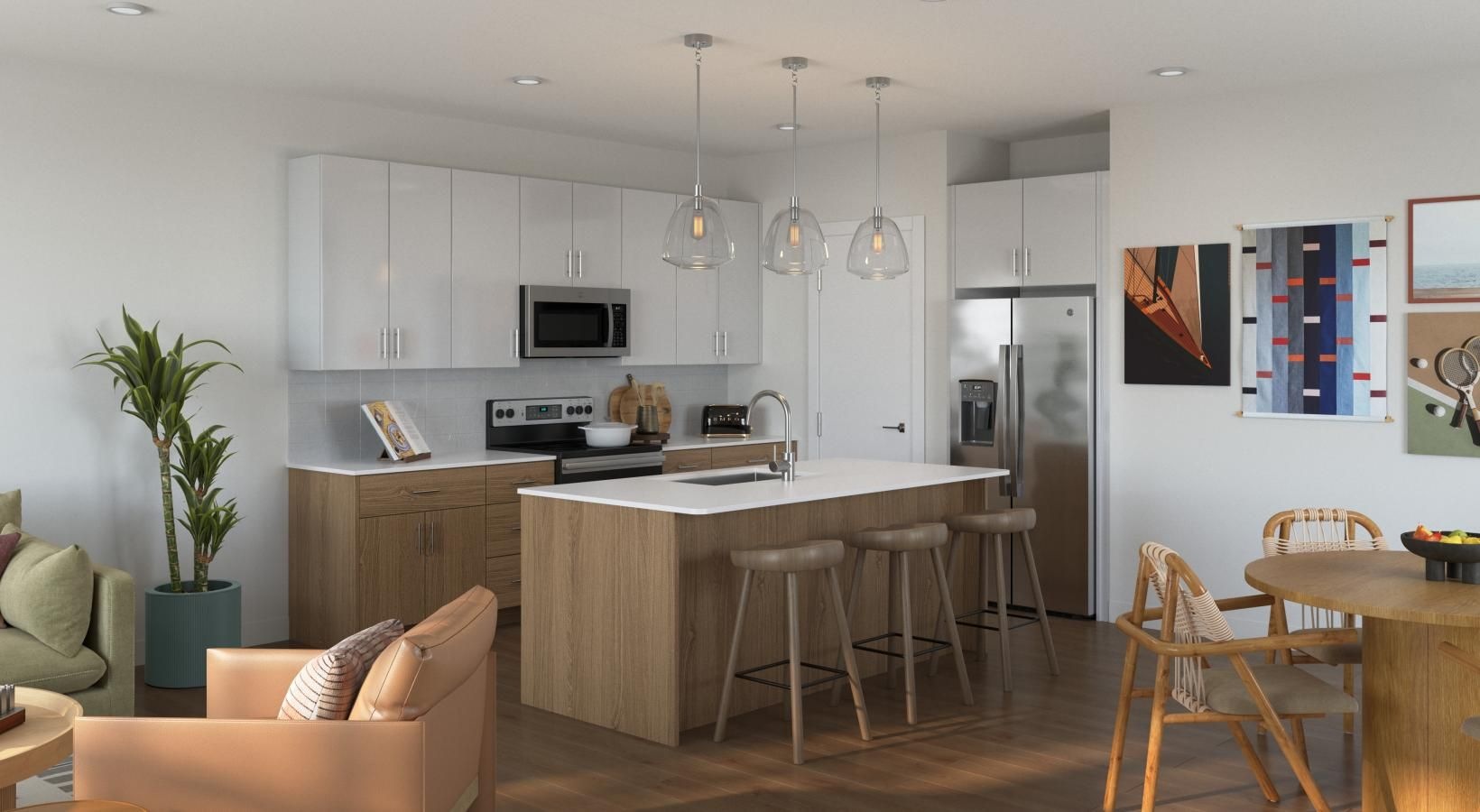 Generous living spaces to relax and unwind a kitchen with a bar stool and a table