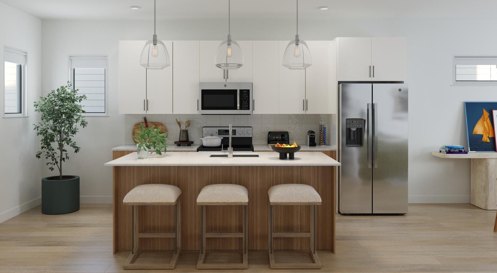 Beautiful living areas to match your lifestyle a kitchen with a bar stool and a refrigerator