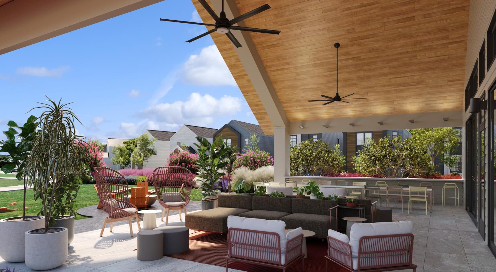 Take advantage of all Oxenfree Rowlett has to offer a patio with chairs and a fan