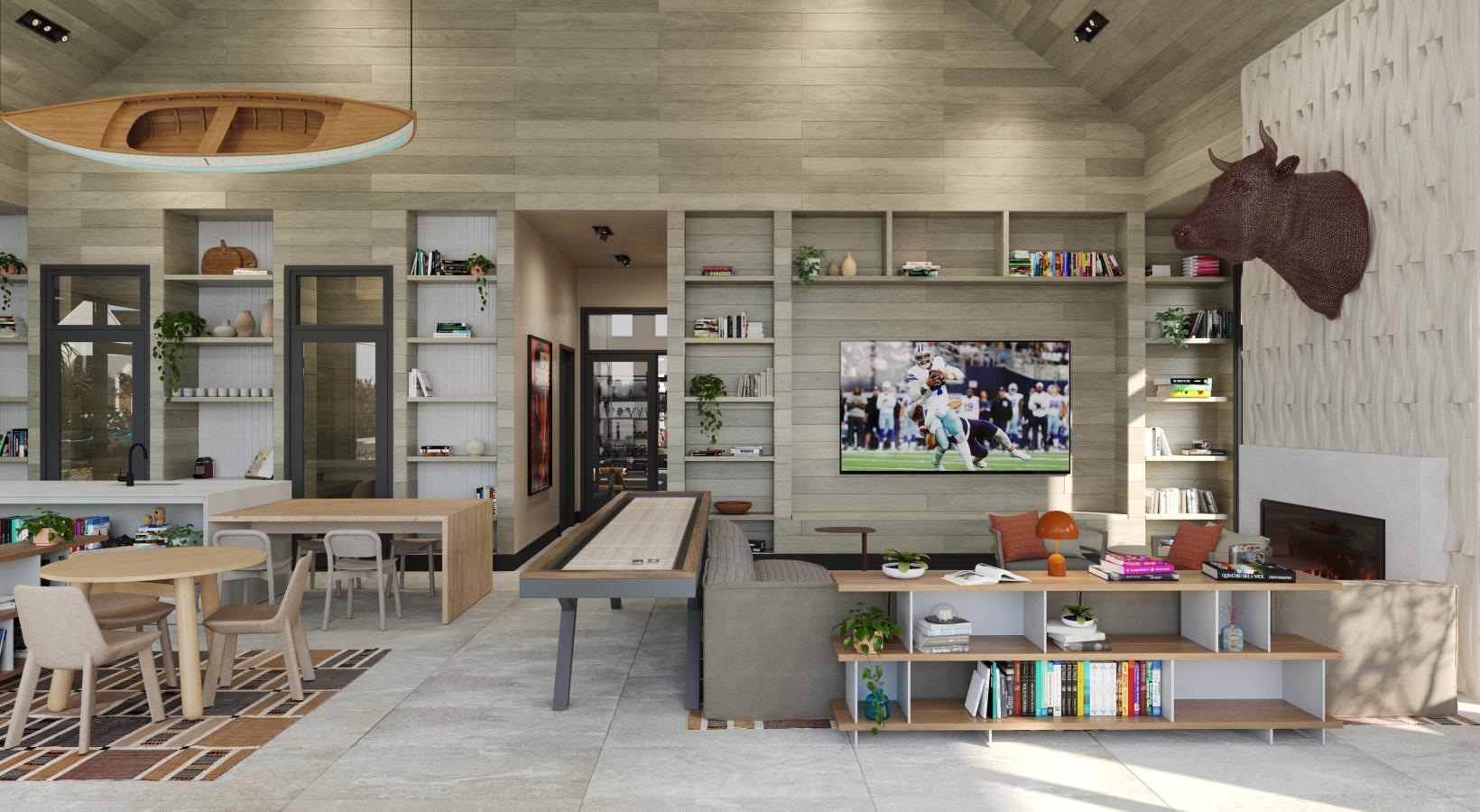 Access to resident-only features a clubhouse room with a tv and tables