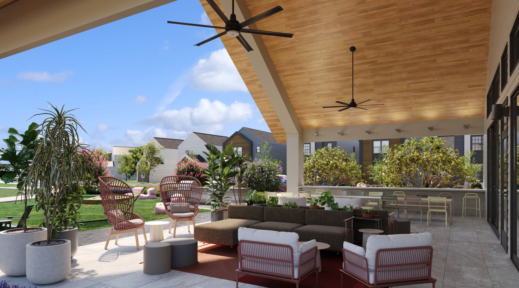 Covered outdoor patio with seating and games in rowlett