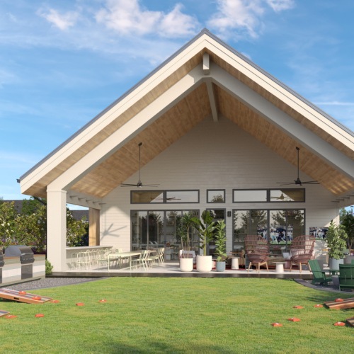 a grassy courtyard area with games outside