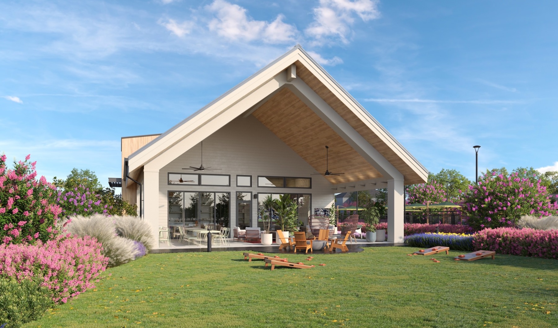 outdoor pavilion and park with seating and games