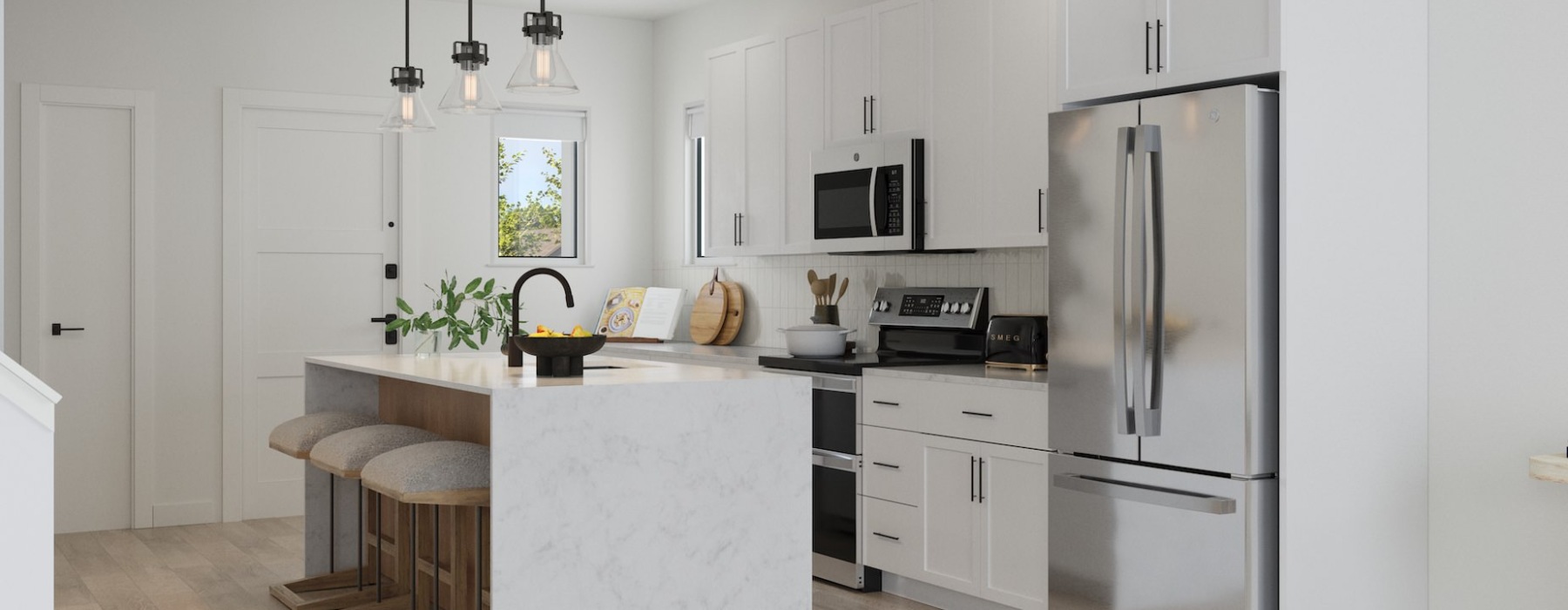 a kitchen with white cabinets