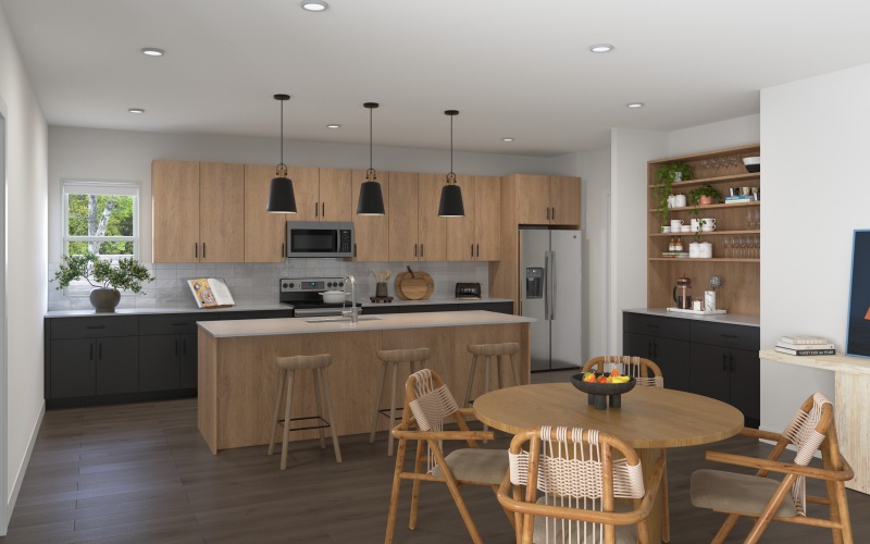 large kitchen and wet bar with dining and bar seating