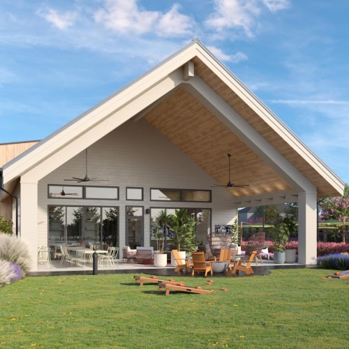 a grassy courtyard area with games outside