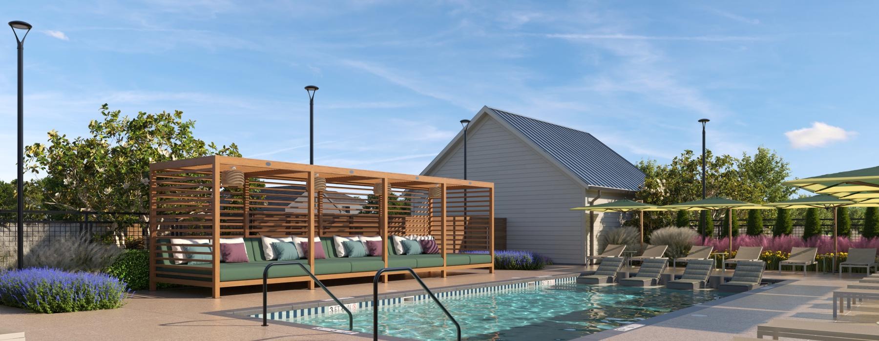 a swimming pool with a building in the background