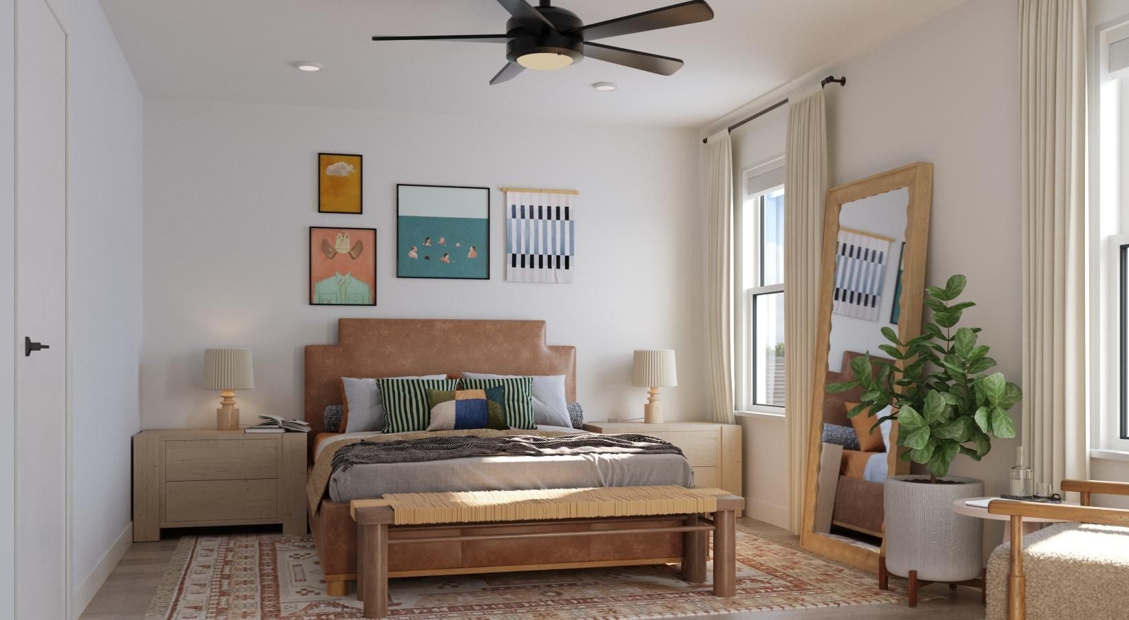 Relax and recharge in beautiful and spacious bedrooms a bedroom with a bed and a fan