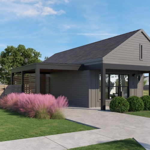 a house with a lawn and a large driveway