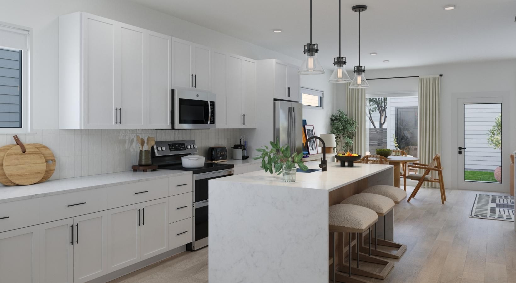 Generous living spaces to relax and unwind a kitchen with white cabinets