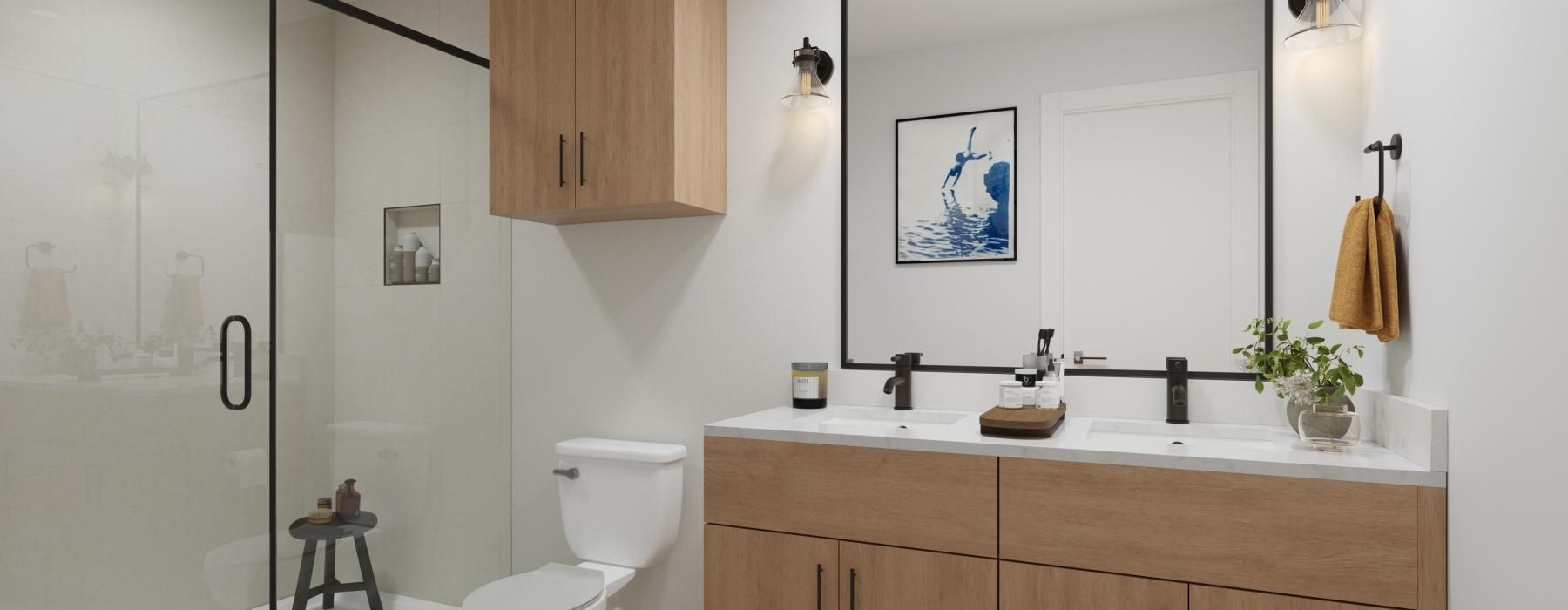 a bathroom with a shower and toilet